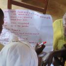 Four people gather around a large piece of paper they are writing on with red marker