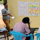 Student leads a discussion group in outdoor classroom